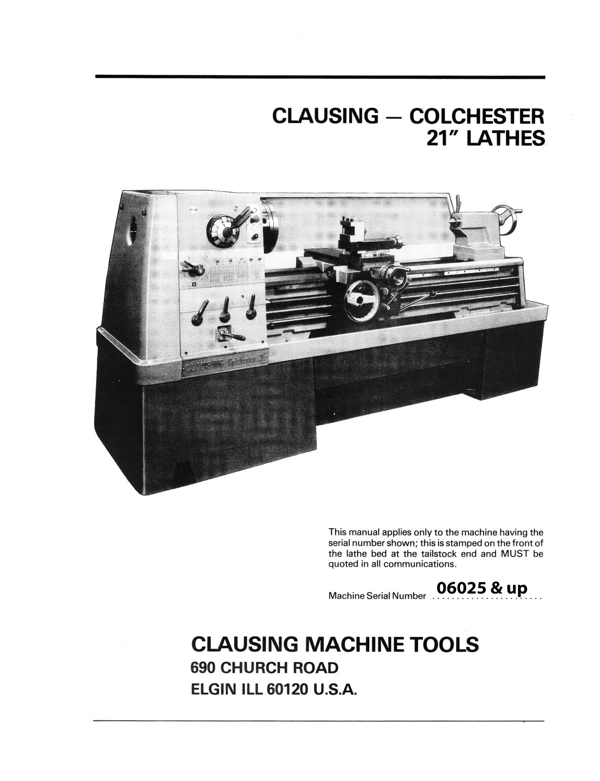 Clausing Colchester 21″ Lathe 8000 Series sn 06025 up Op, Service & Parts #1368