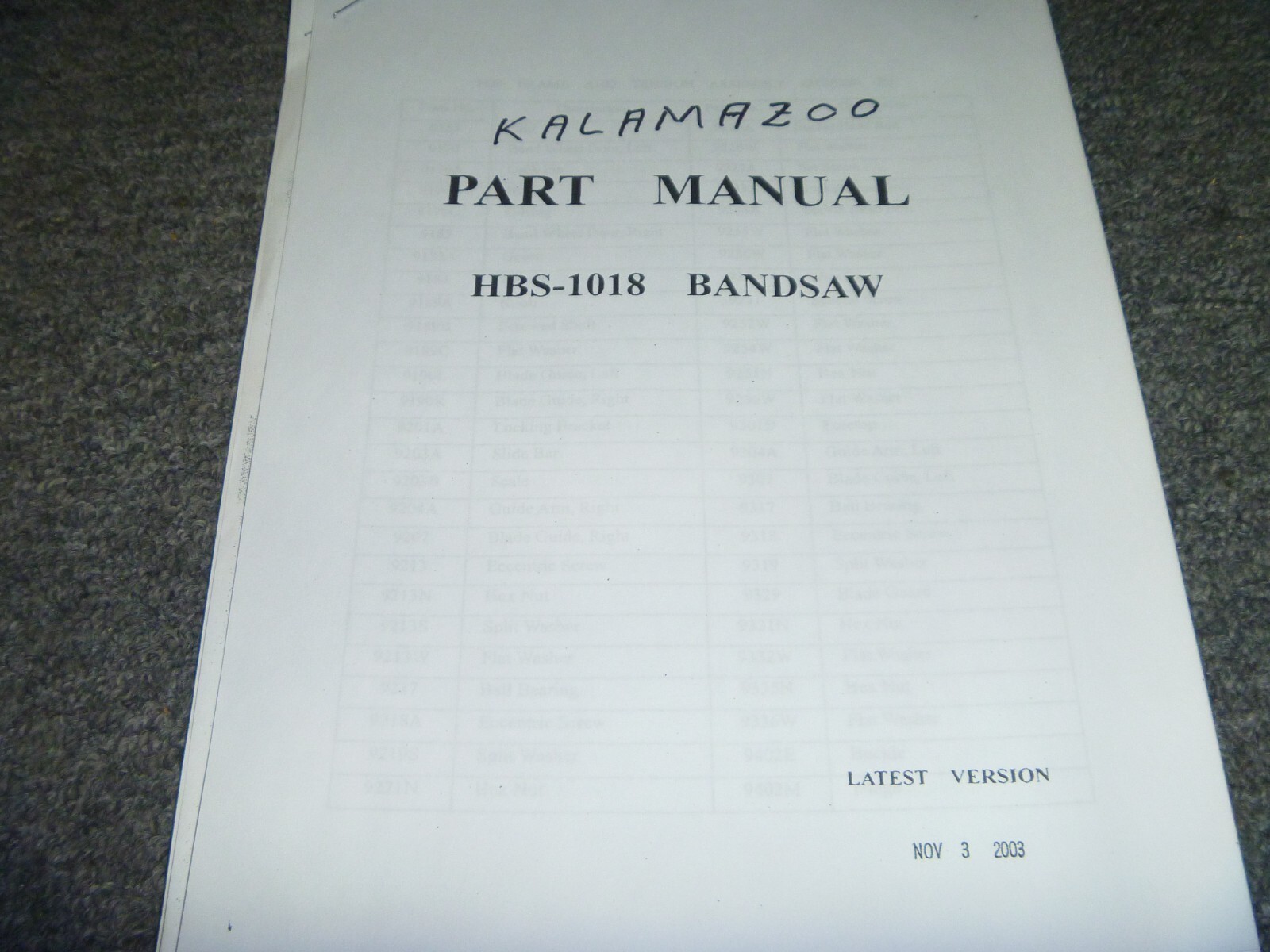 Kalamazoo HBS-1018 Band Saw Parts Catalog Manual