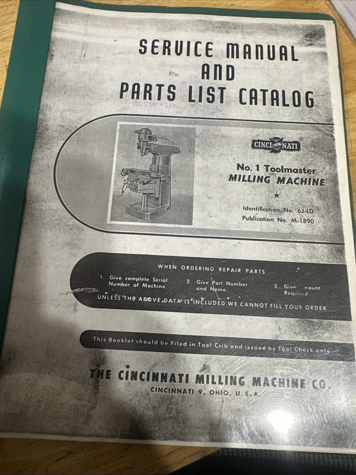 Service Manual And Parts List Catalog Cincinnati No.1 Toolmaster Milling Machine