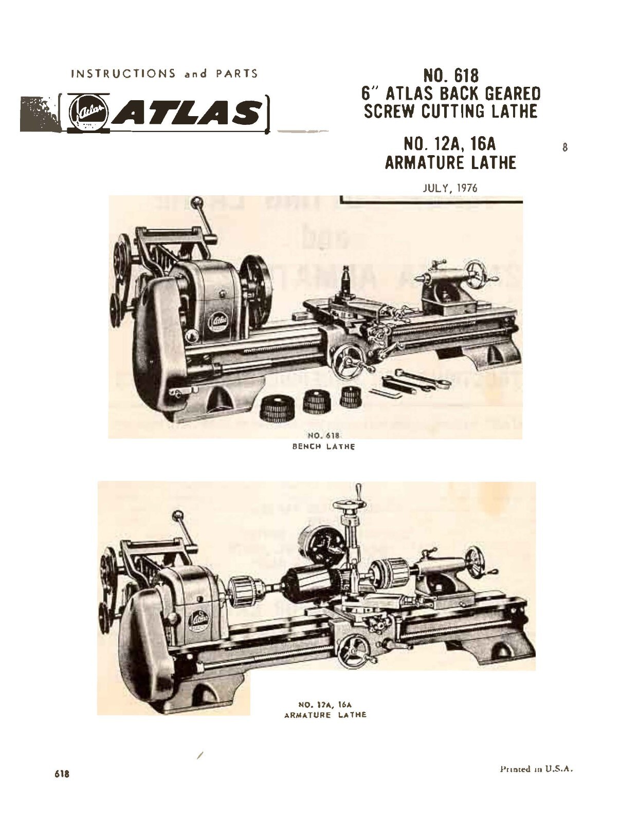 618 Back Geared Screw Cutting Lathe Operator & Parts Manual Fits Atlas 6 inc
