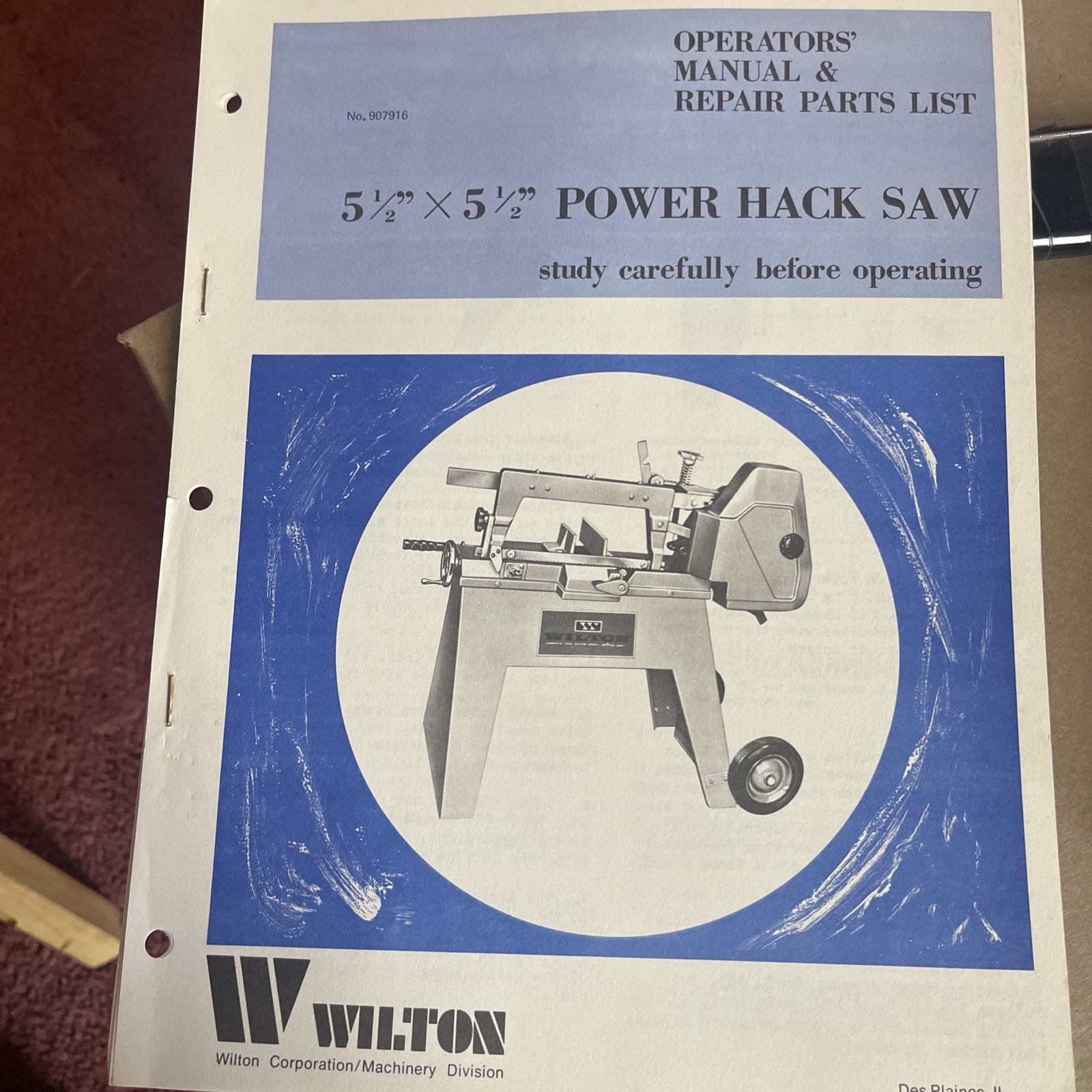 Wilton Operator’s Manual & Repair Parts List 5-1/2×5-1/2 Power Hack Saw#907916