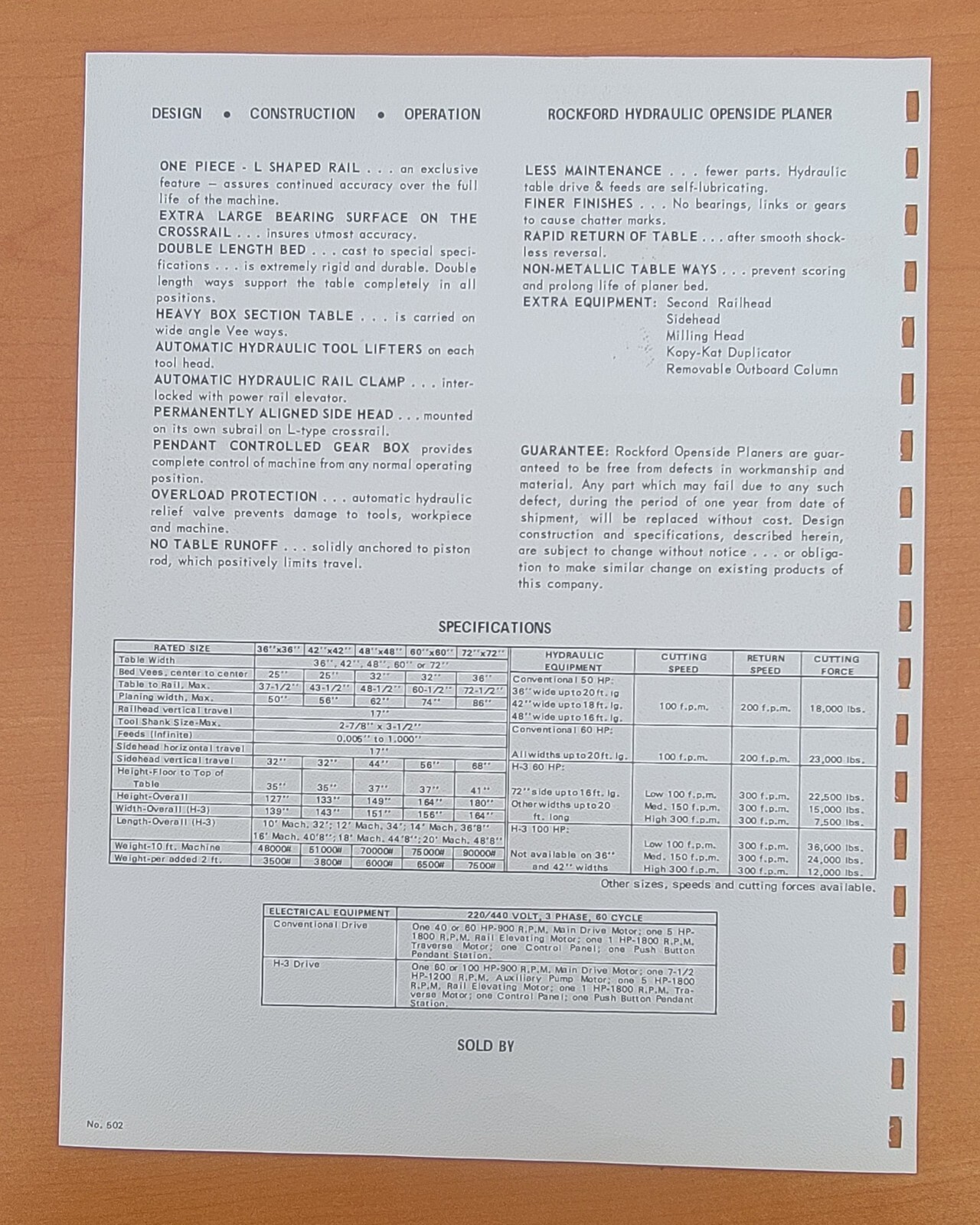 Rockford Machine Tool Hydraulic Openside Planer Sales Catalog Form 502