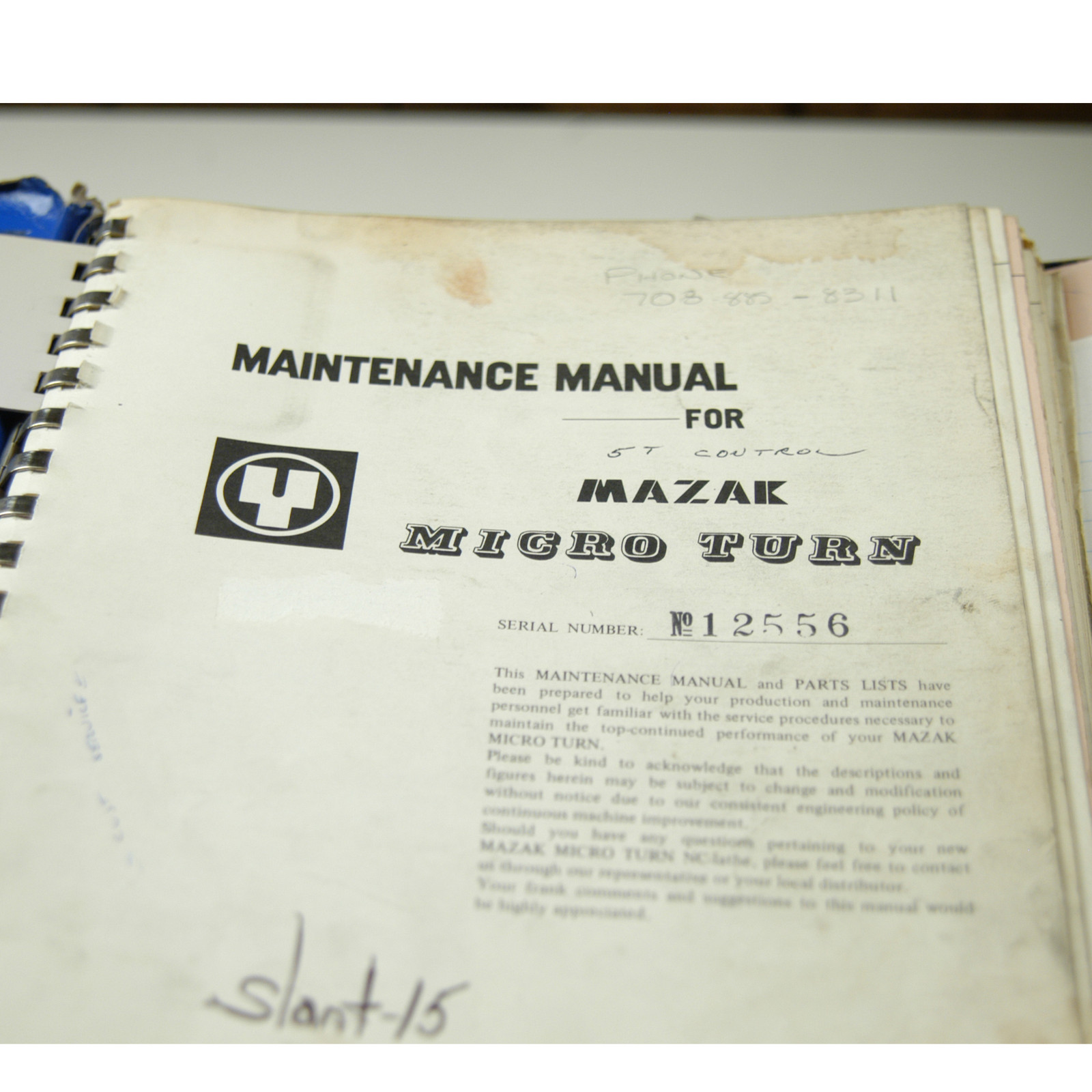 MAINTENANCE MANUAL FOR MAZAK MICRO TURN SERIAL#:12556 (W-4-BOX 3-22-RCT)