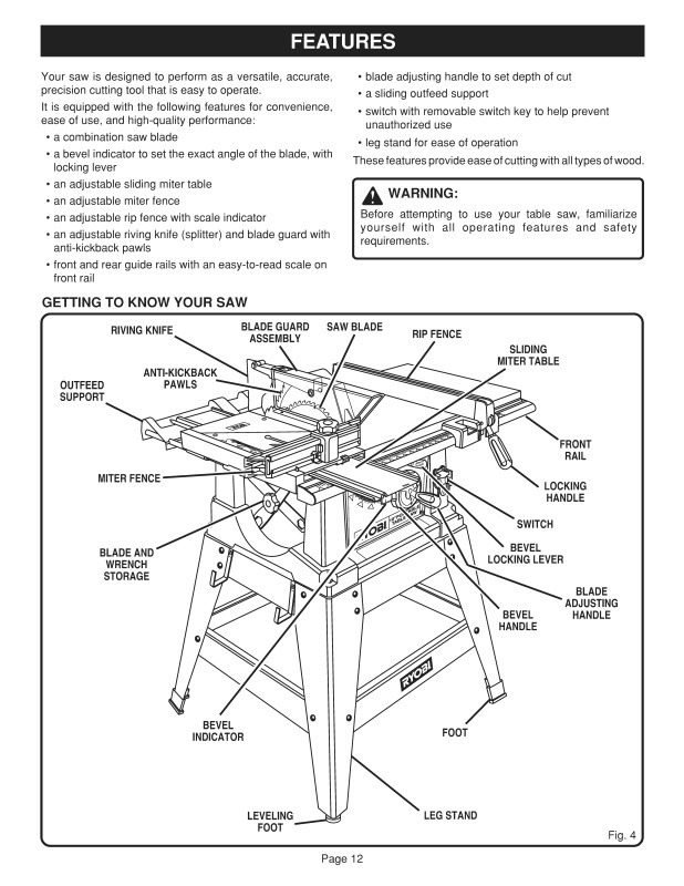 Ryobi  10″ BTS15 Circular Table Saw Owner’s, Operator’s and Parts Manual 1484