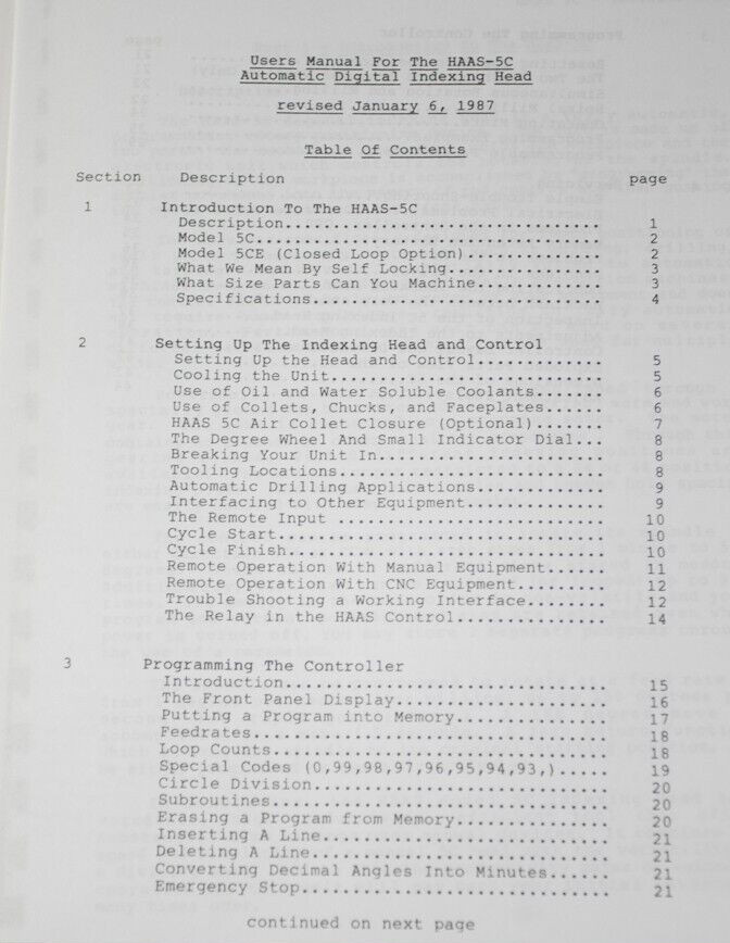 HAAS 5C Indexing Operations, Programming and Servicing Manual 1987