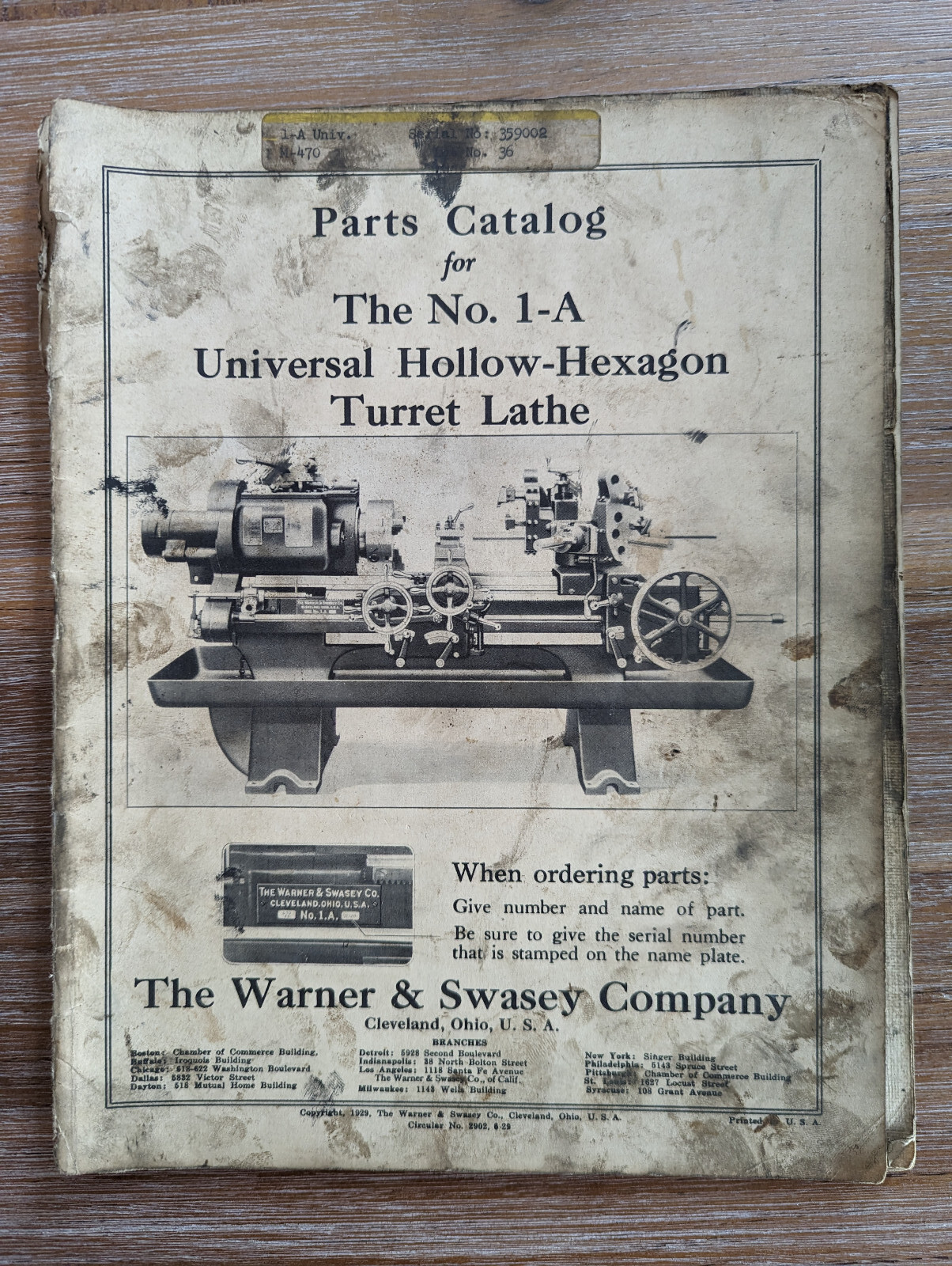 Warner & Swassey No. 1-A Universal Hollow-Hexagon Turret Lathe Parts Catalog