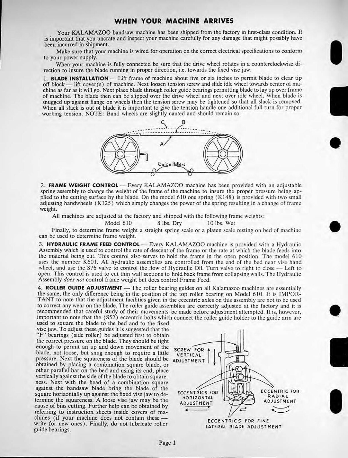 Service & Parts Manual Fits Kalamazoo Model 610 Horizontal Bandsaw