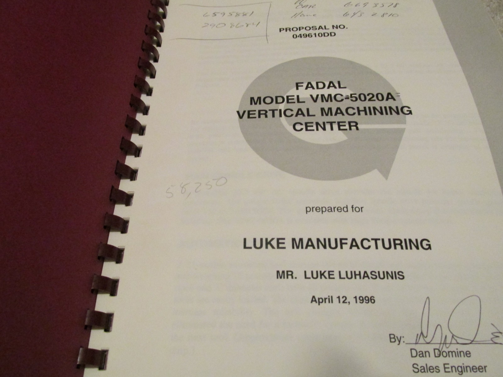 FADAL VMC-5020A CNC Vertical Machining Center Catalog Data info USERS MANUAL