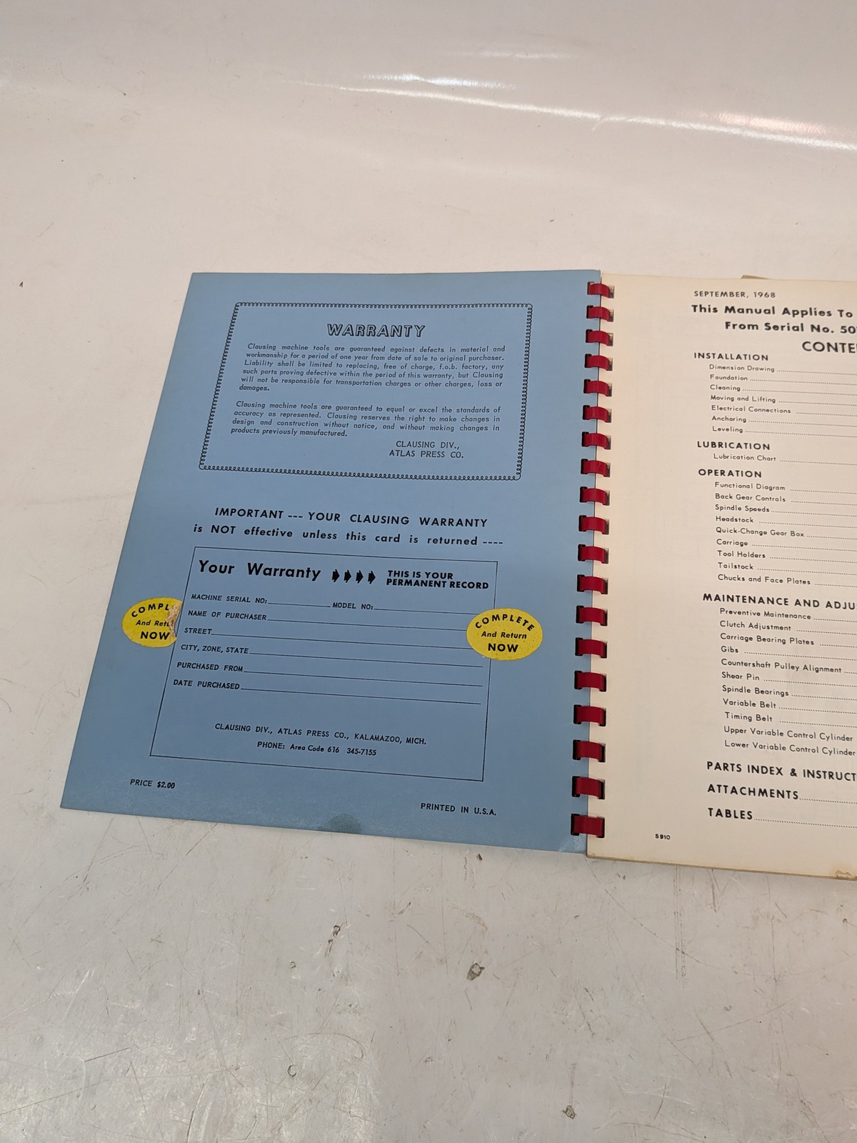 Clausing 5900 Series 12-inch Lathe Operating Instructions Parts Manual 1968