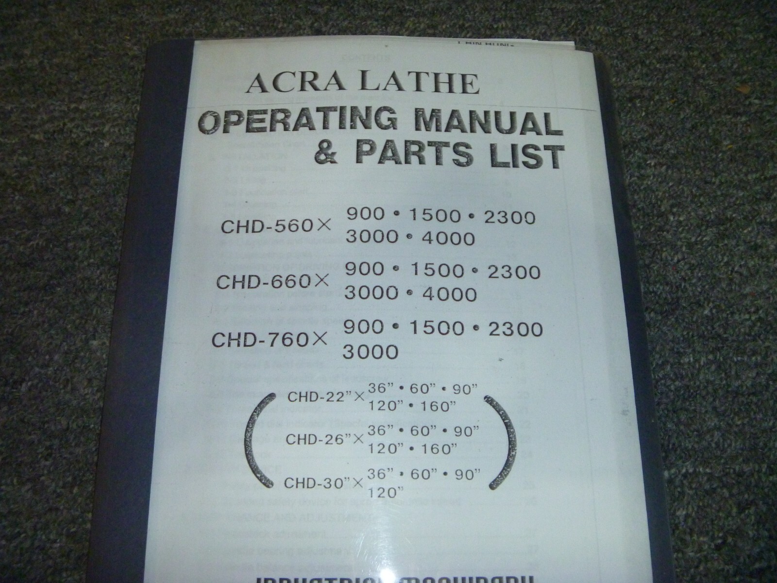 Acra CHD-560 x 900 1500 2300 3000 4000 Lathe Parts List & Owner Operator Manual