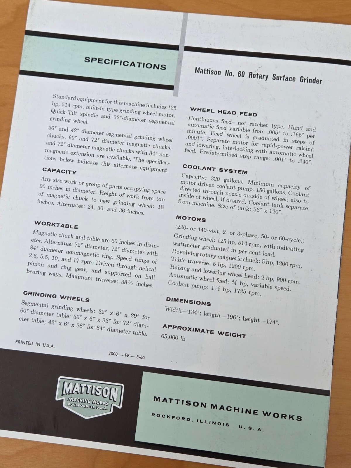 Mattison No. 60 (125 Horsepower) Vertical Spindle Rotary Surface Grinder Catalog