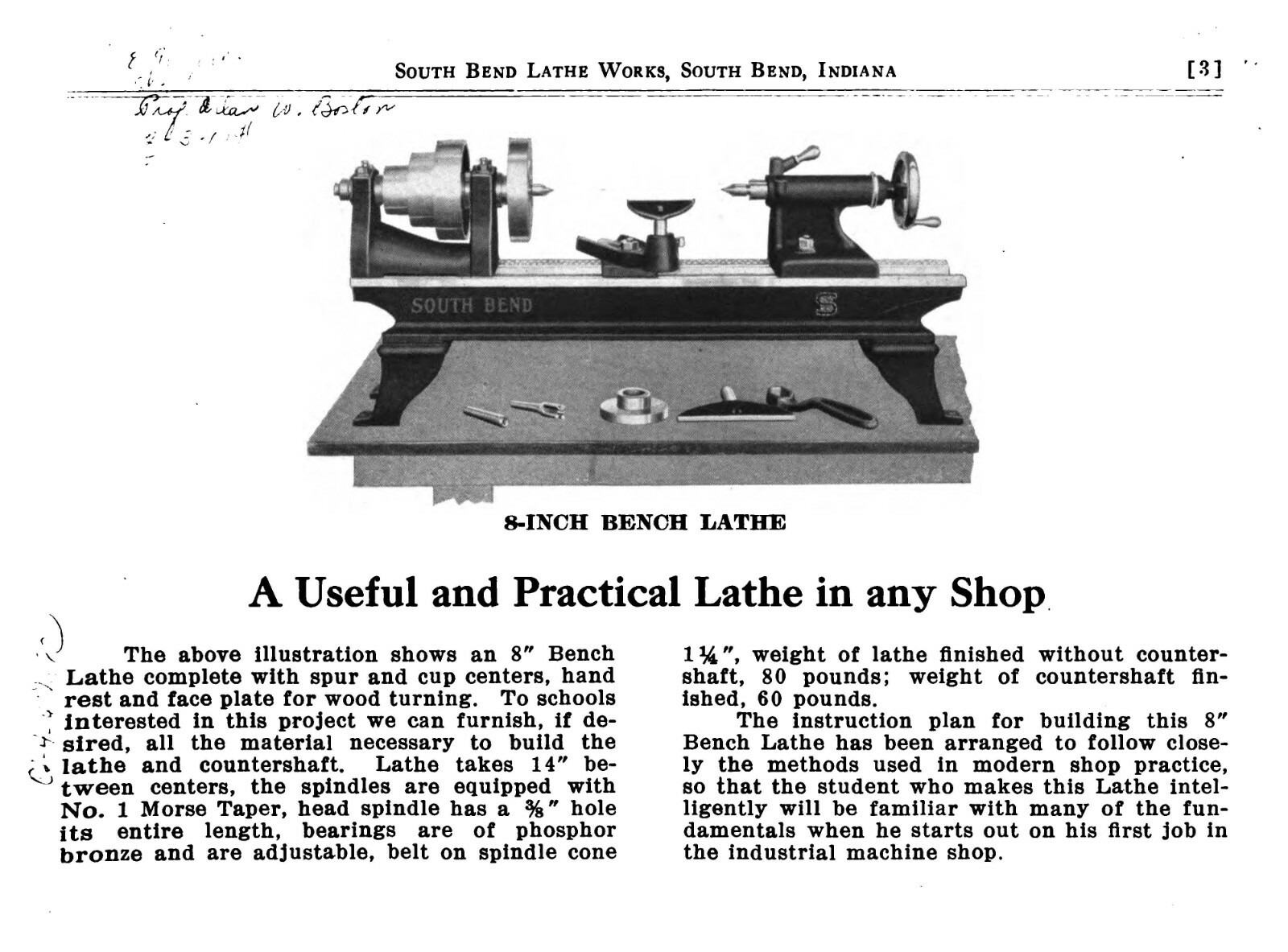 Lathe Manual 1920 South Bend No. 4 – How to Make an 8inch Bench Lathe in the Sch