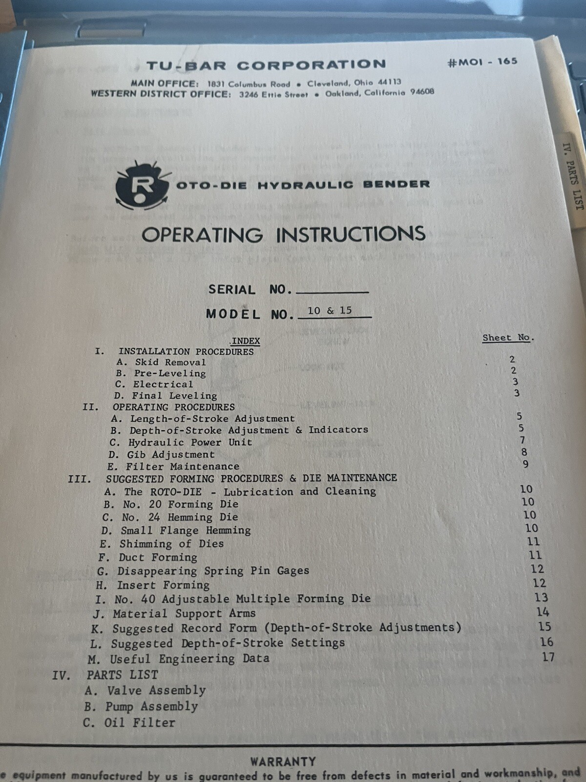 Tubar Corporation Oto-Die Hydraulic Bender Operating Instructions Mod. No.10&15