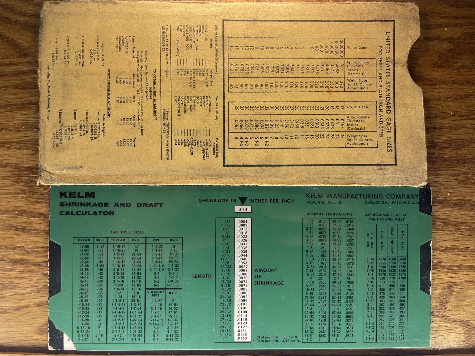 Vintage Kelm Machinist Tool Draft + Shrinkage Slide Pocket Reference Calculator