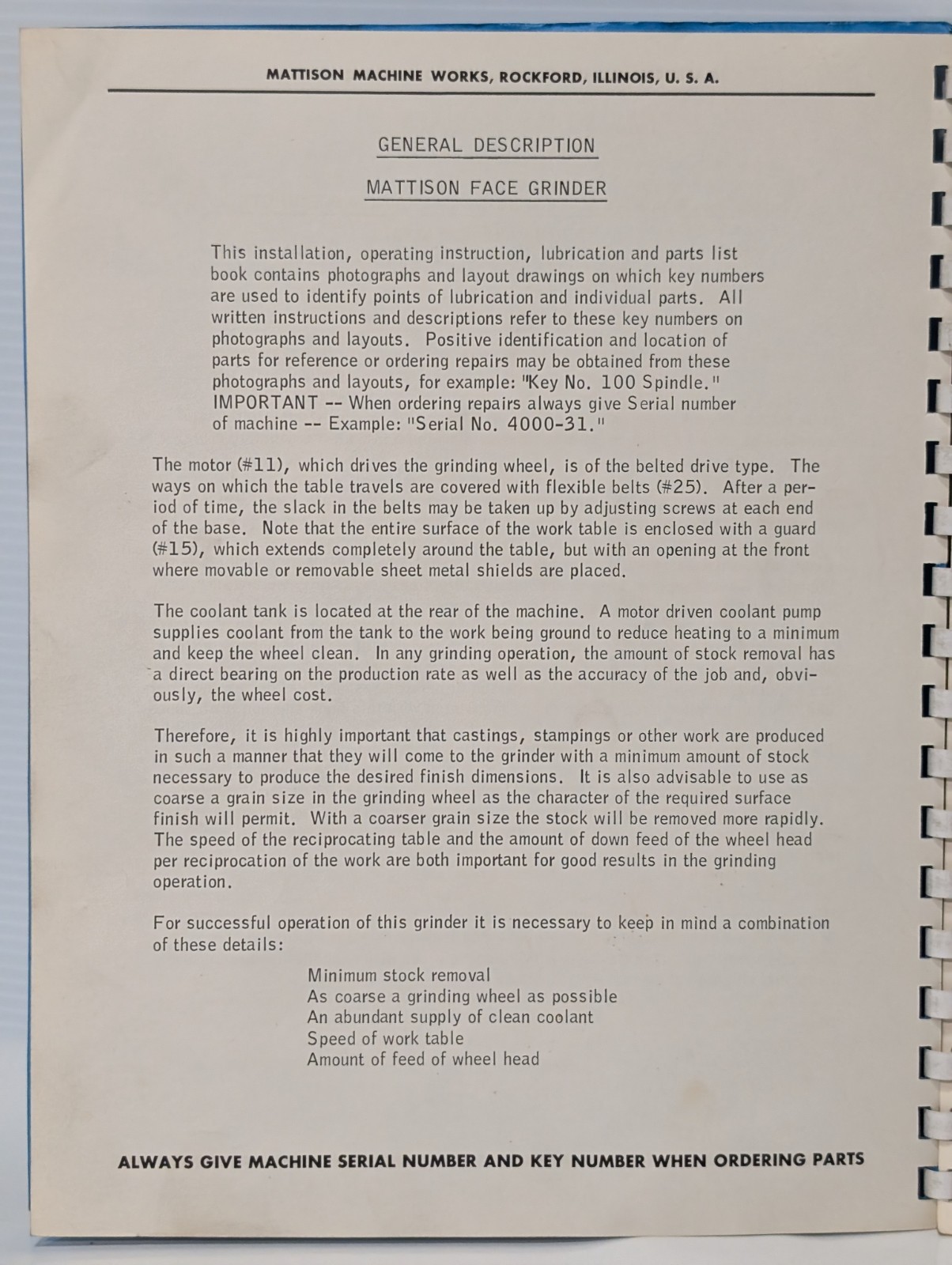 Mattison Grinding Machinery Operations Reference Manual for Face Grinders