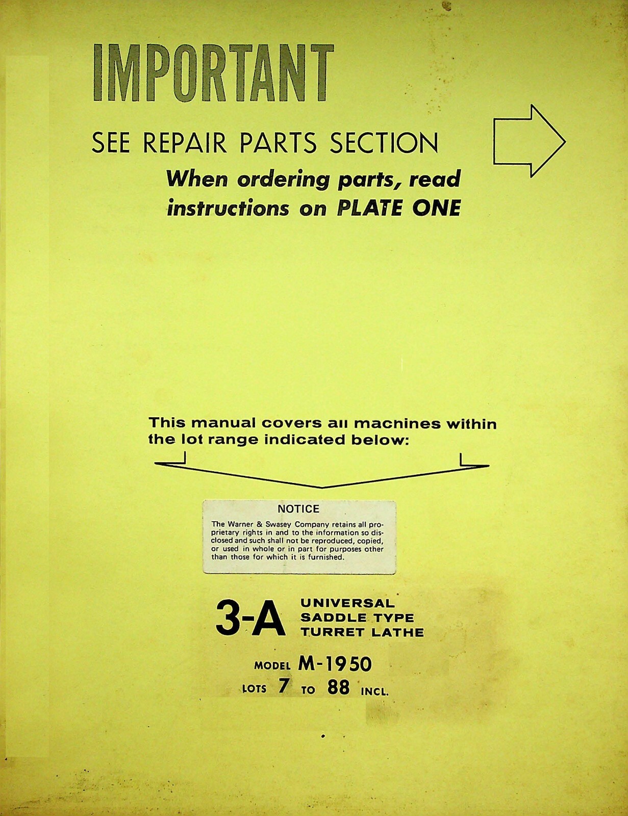 3 Turret Lathe Parts Manual Fits Warner & Swasey No. 3-A, Model M-1950 SW18