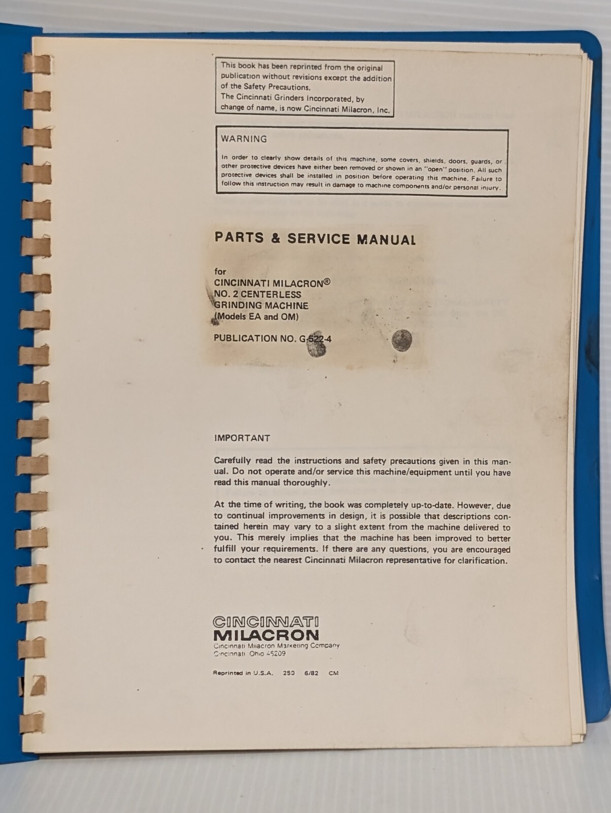 Cincinnati G-522-4 Parts & Service Manual for No. 2 Centerless Grinding Machine