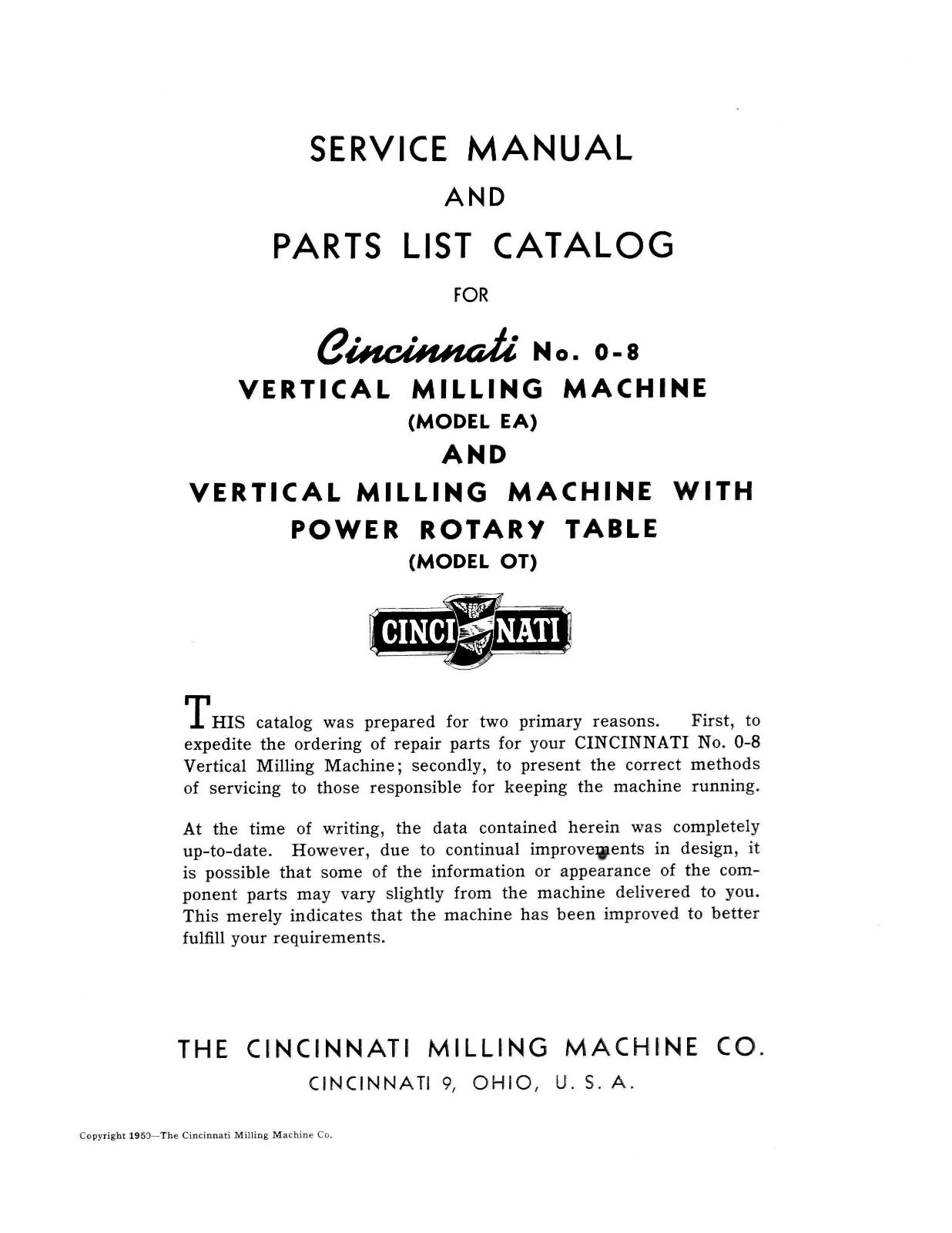 Cincinnati Milling Machine # 0-8 Models EA & OT Service Manual Parts List *823