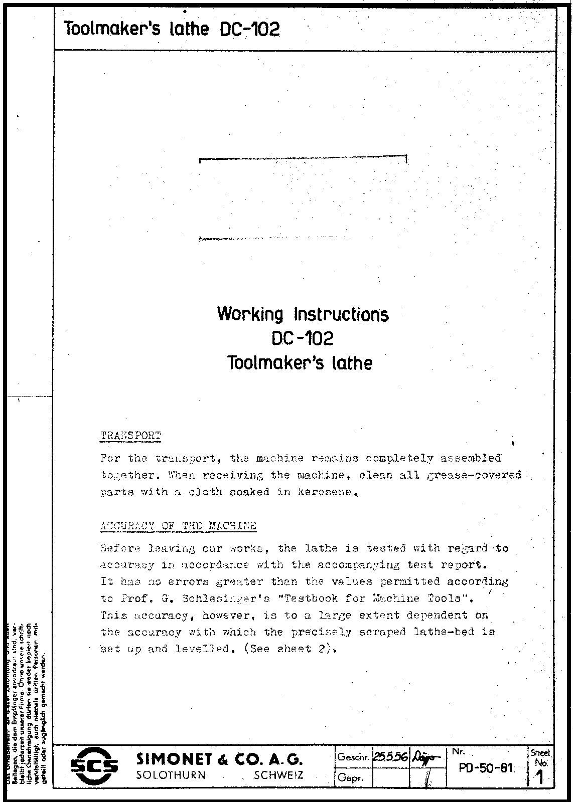 Working Instruction Manual Fits Toolmakers Lathe DC-102 DC-102