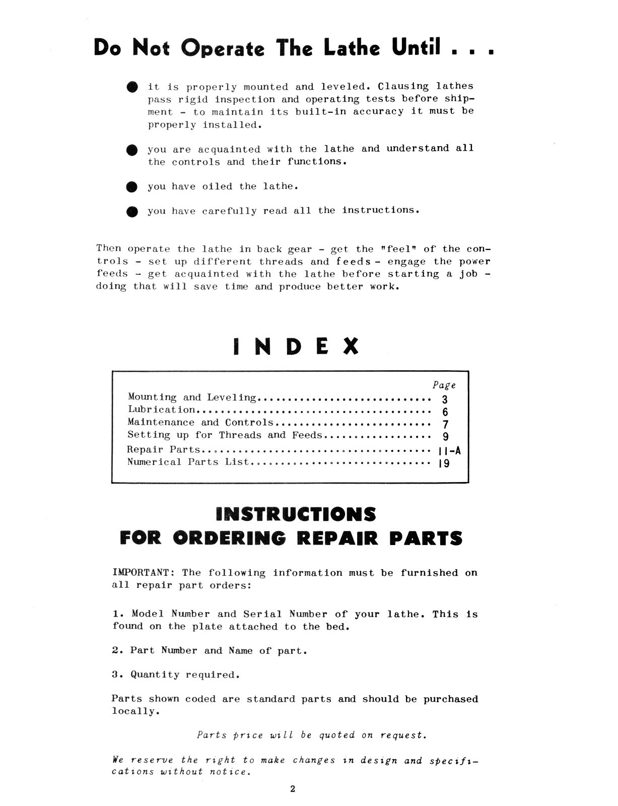 Clausing 6300 Series 12″ Lathe Operating and Parts List Manual *1262