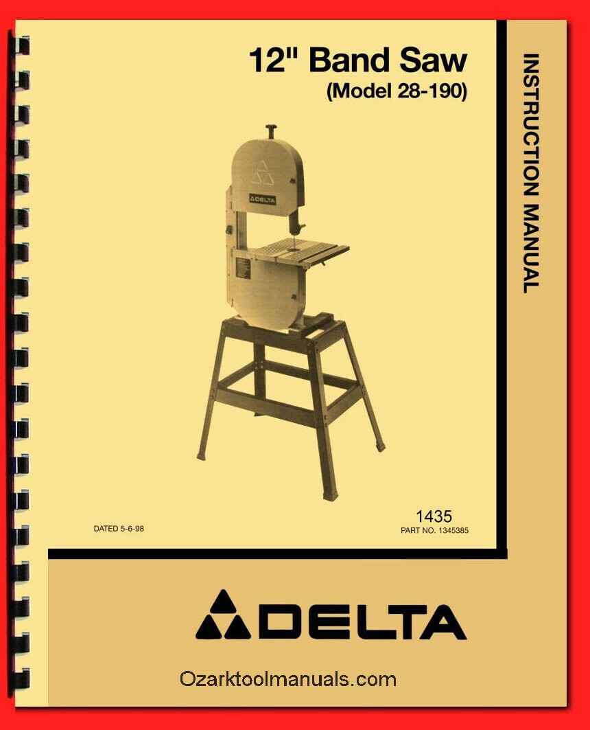 DELTA 12 Inch Band Saw 28-190 Instructions Operator Owners & Parts Manual 1435