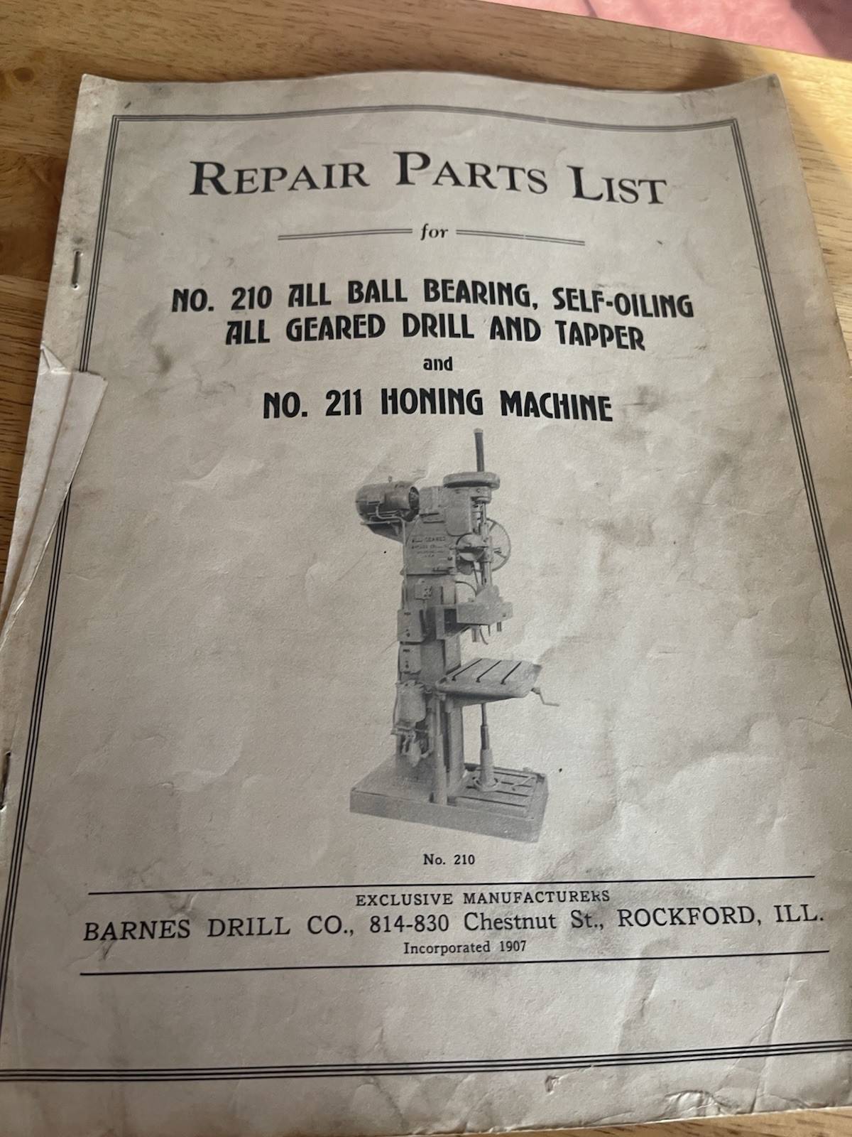 Barnes Drill Company Repair Parts List No.210 Drill and Tapper/Honing Machine