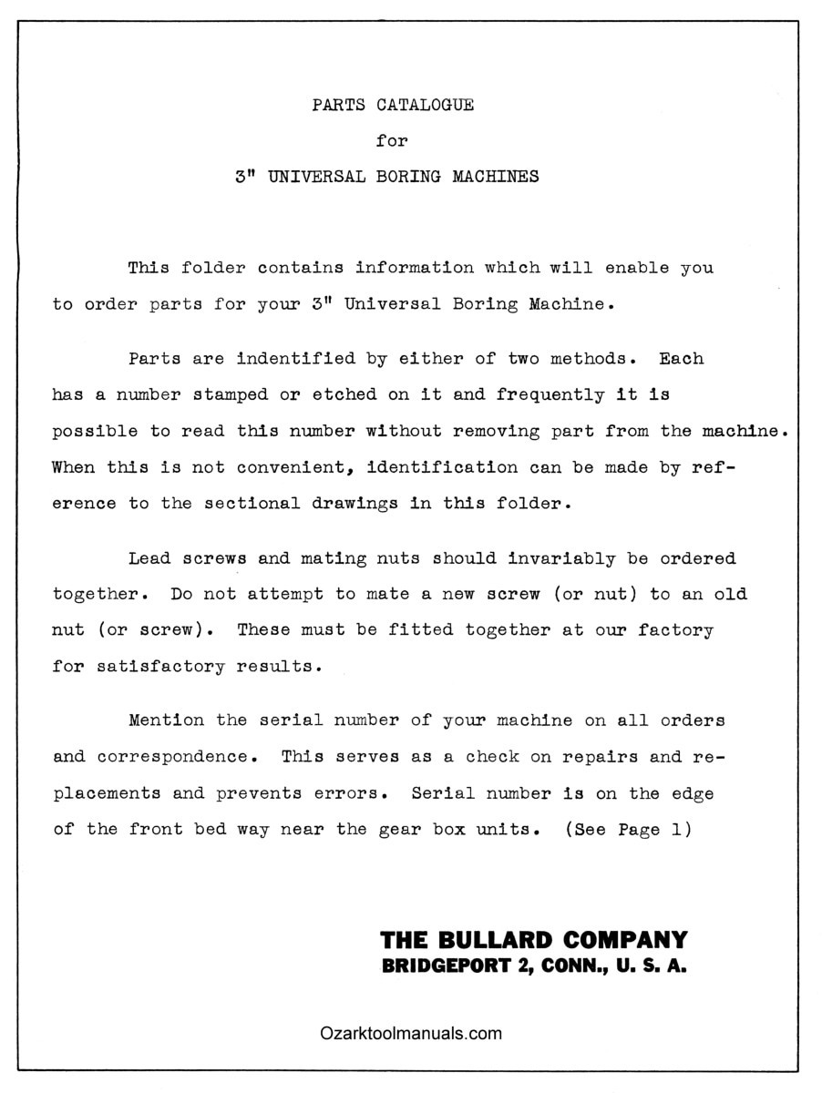 Bullard Universal Horizontal 3″ Boring Milling Machine Service Parts Manual 1799