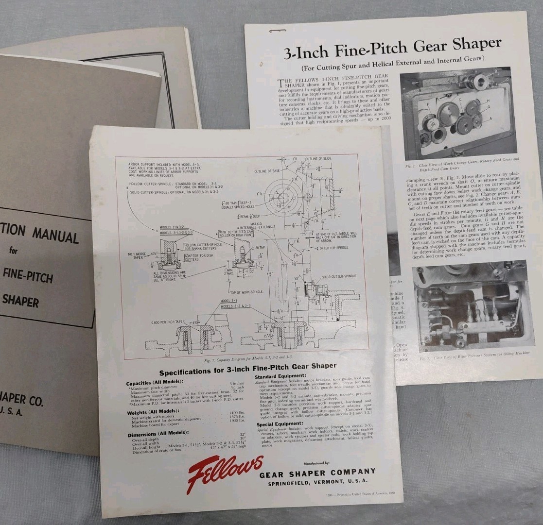 Fellows 3 Inch Fine Pitch Gear Shaper Manual & Parts List Brochure Machining Vtg
