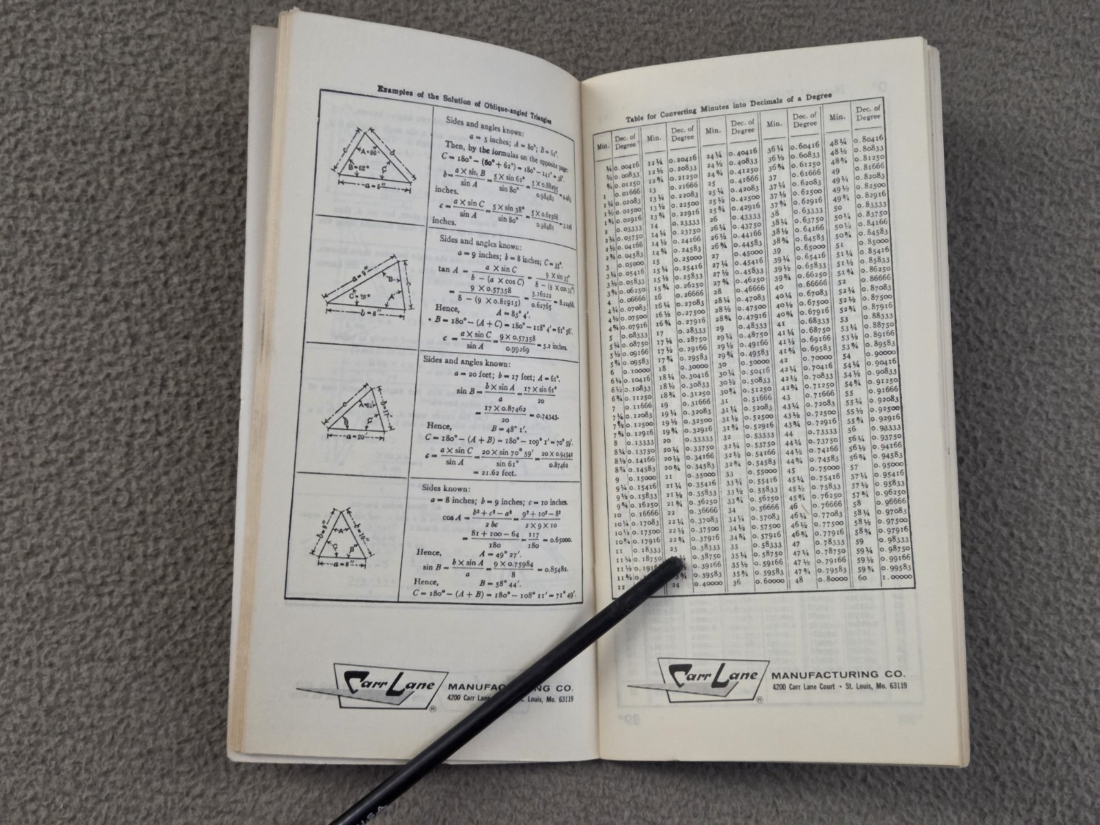 Carr Lane Trigonometry Tables Handy Reference Booklet Vintage 1975
