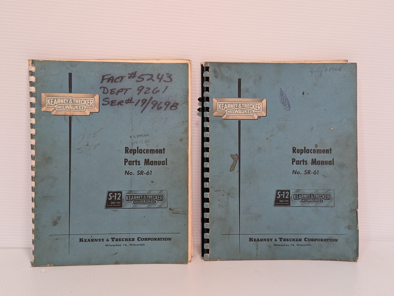 Lot of 2: Kearney&Trecker SR-61 Parts Manuals for S-12 Knee Type Milling Machine