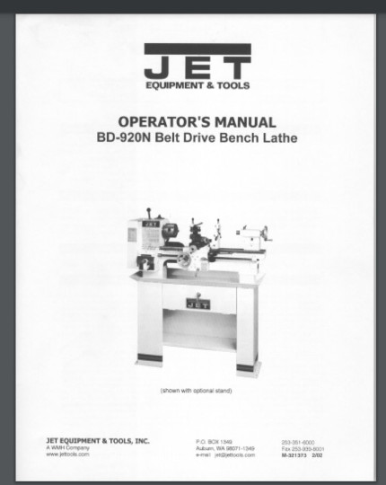Jet BD-920N Belt Drive Bench Lathe Owners Manual Comb Bound Gloss cover 44 page