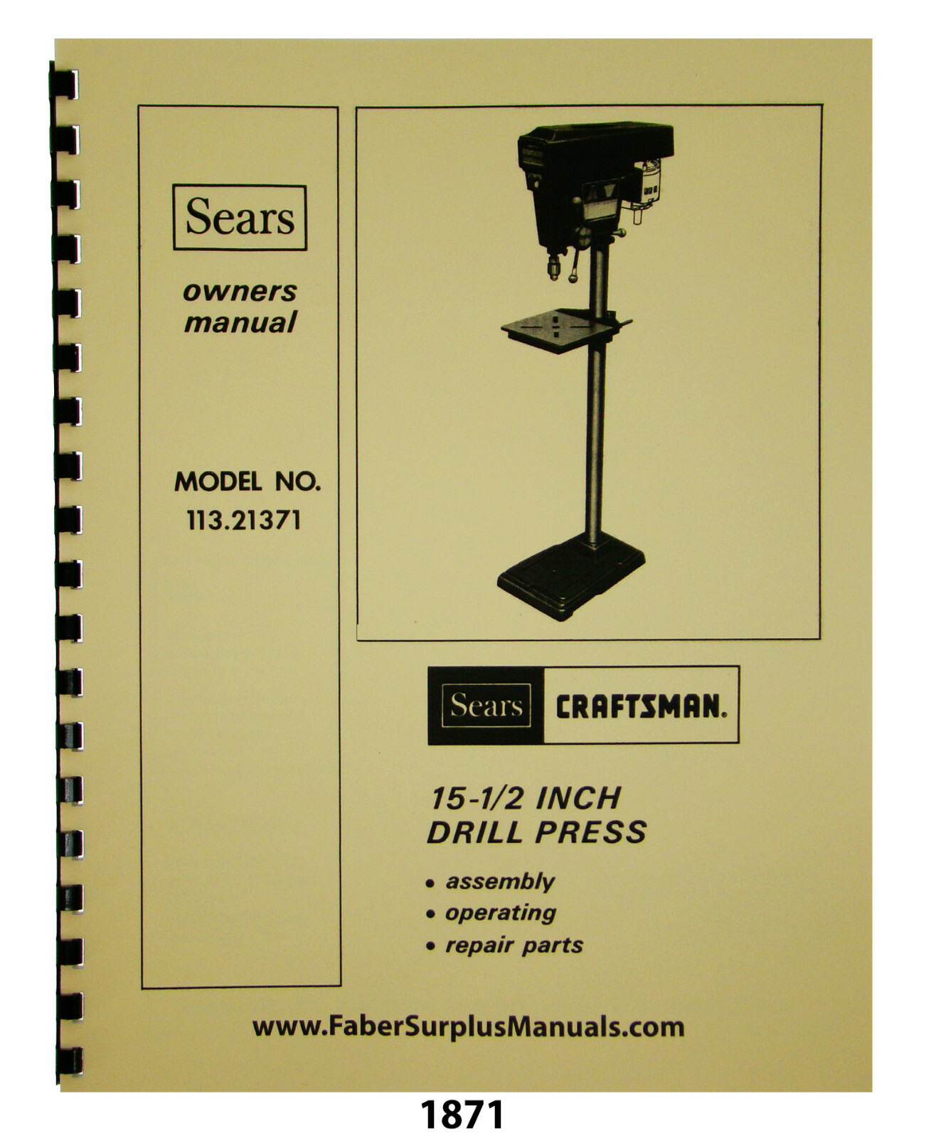Sears Craftsman Drill Press 113.21371 Owner & Parts List Manual #1871