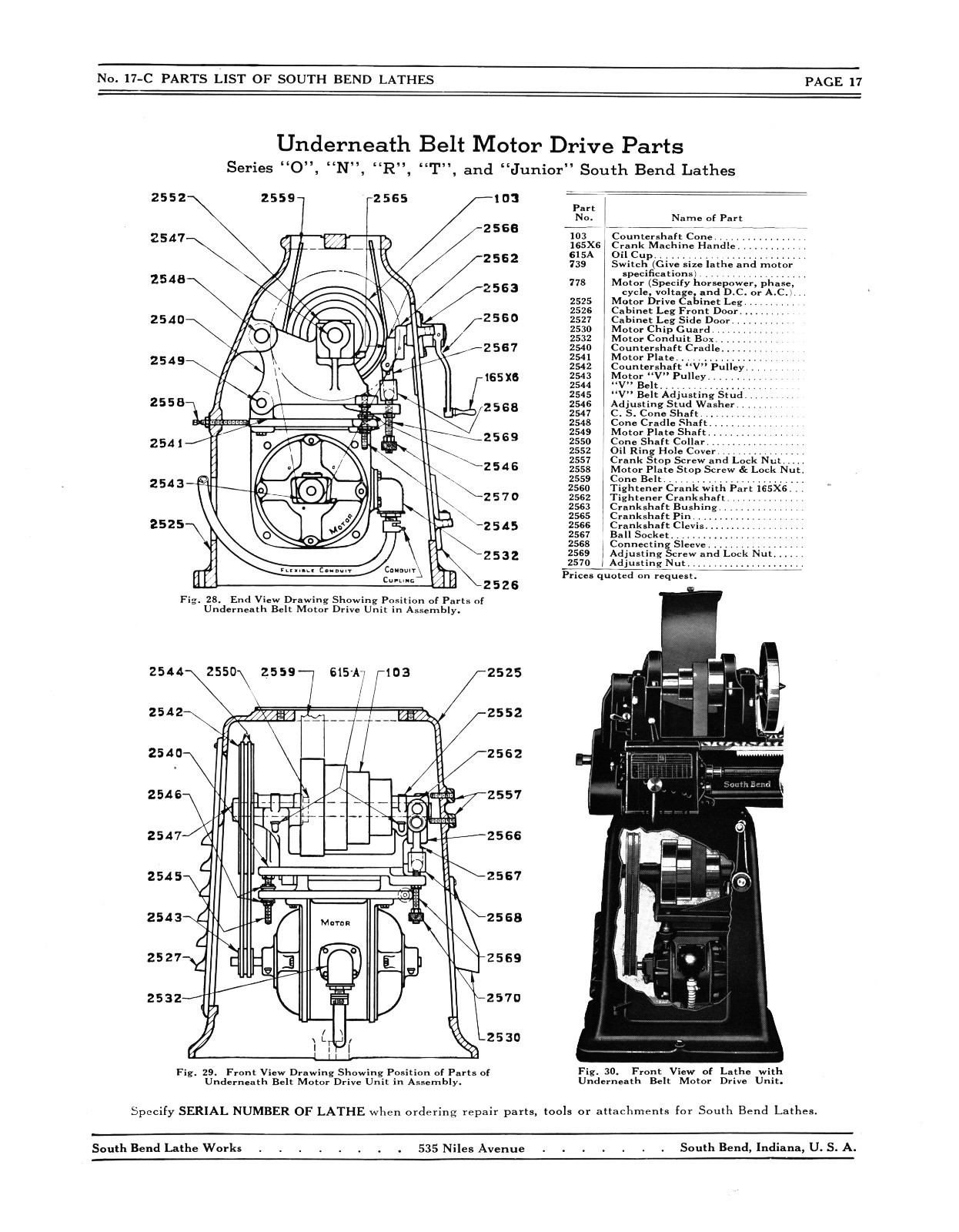 South Bend Series O, N, R, & T Lathe Parts List #1290