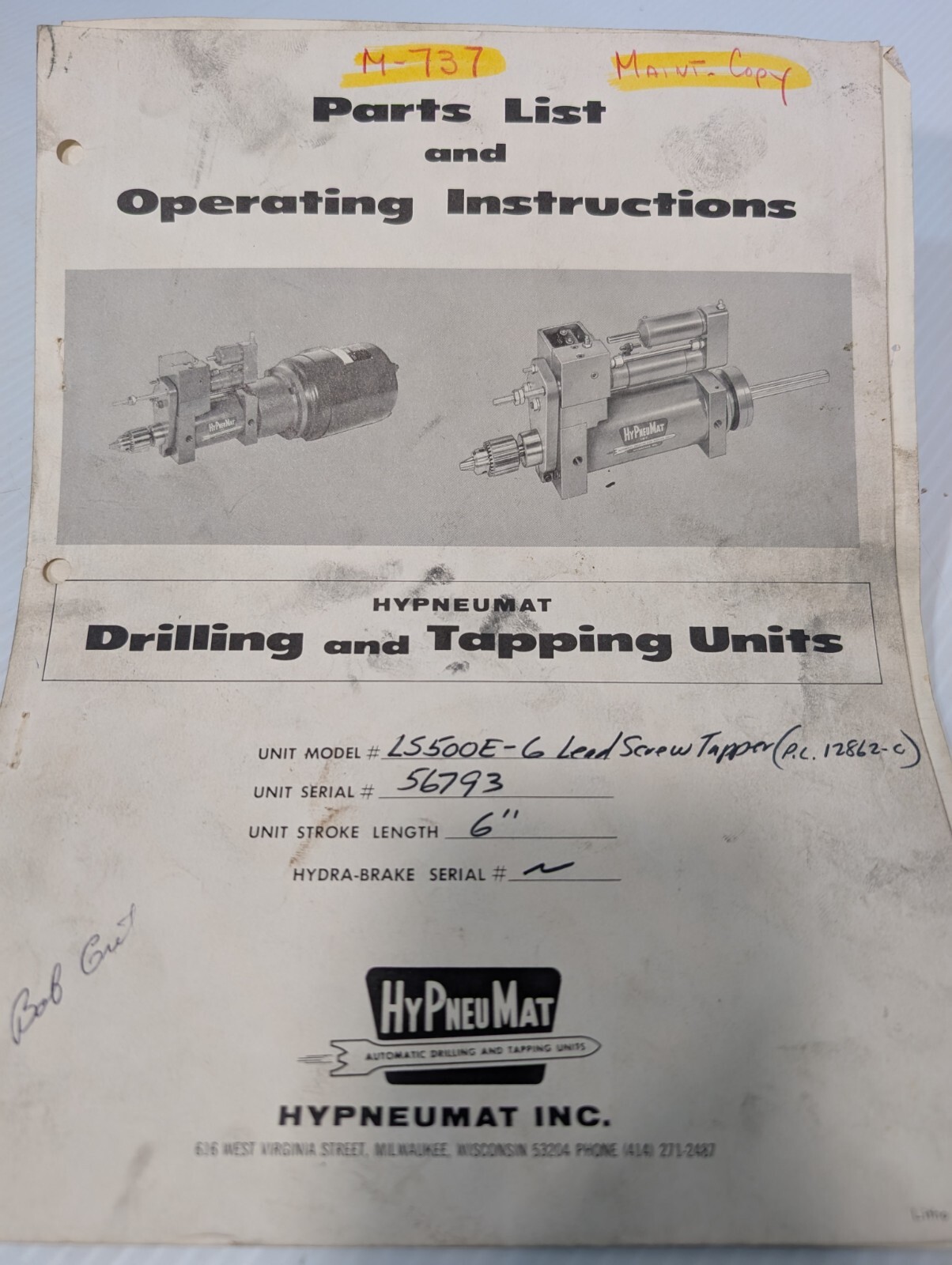Hypneumat M-0737 Drilling & Tapping Machine Materials, Parts List, Instructions