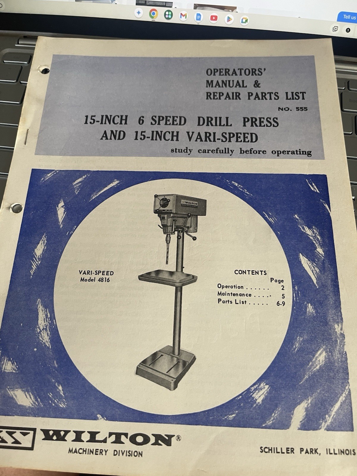 Wilton 15″ 6 Speed Drill Press /15″VariSpeed Operators Manual Repair List #4816