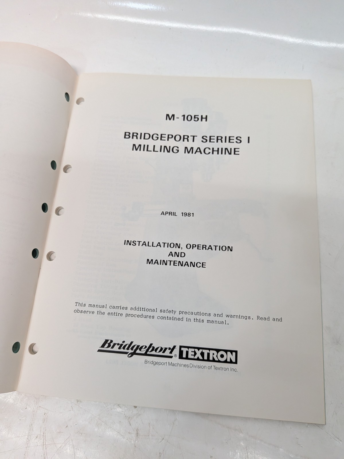 Bridgeport M-105H Series I Milling Machine manual April 1981 as shown