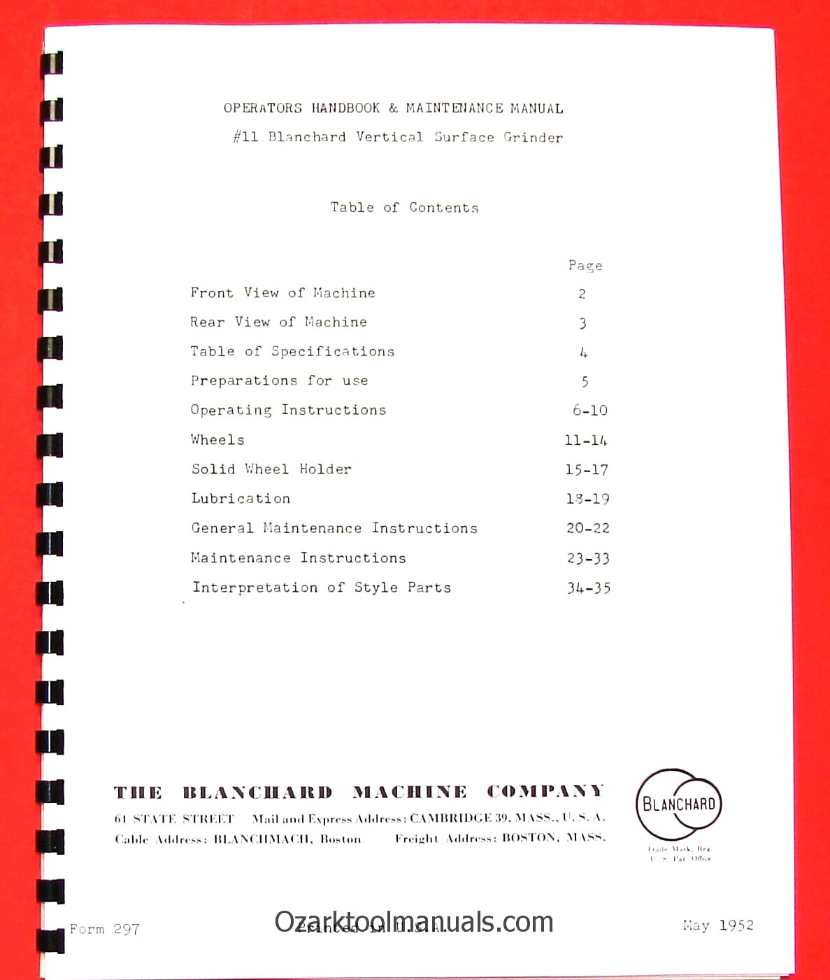 BLANCHARD 11 Surface Grinder Service Operator’s & Maintenance Manual 0779