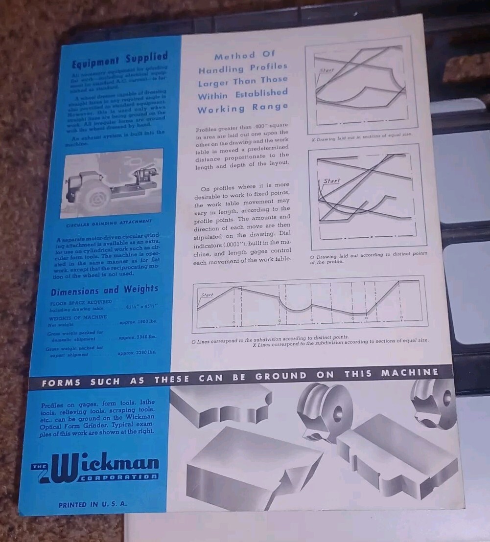 WICKMAN CORPORATION DETROIT Optical Form Grinder Catalog Booklet Sales Flyer OLD