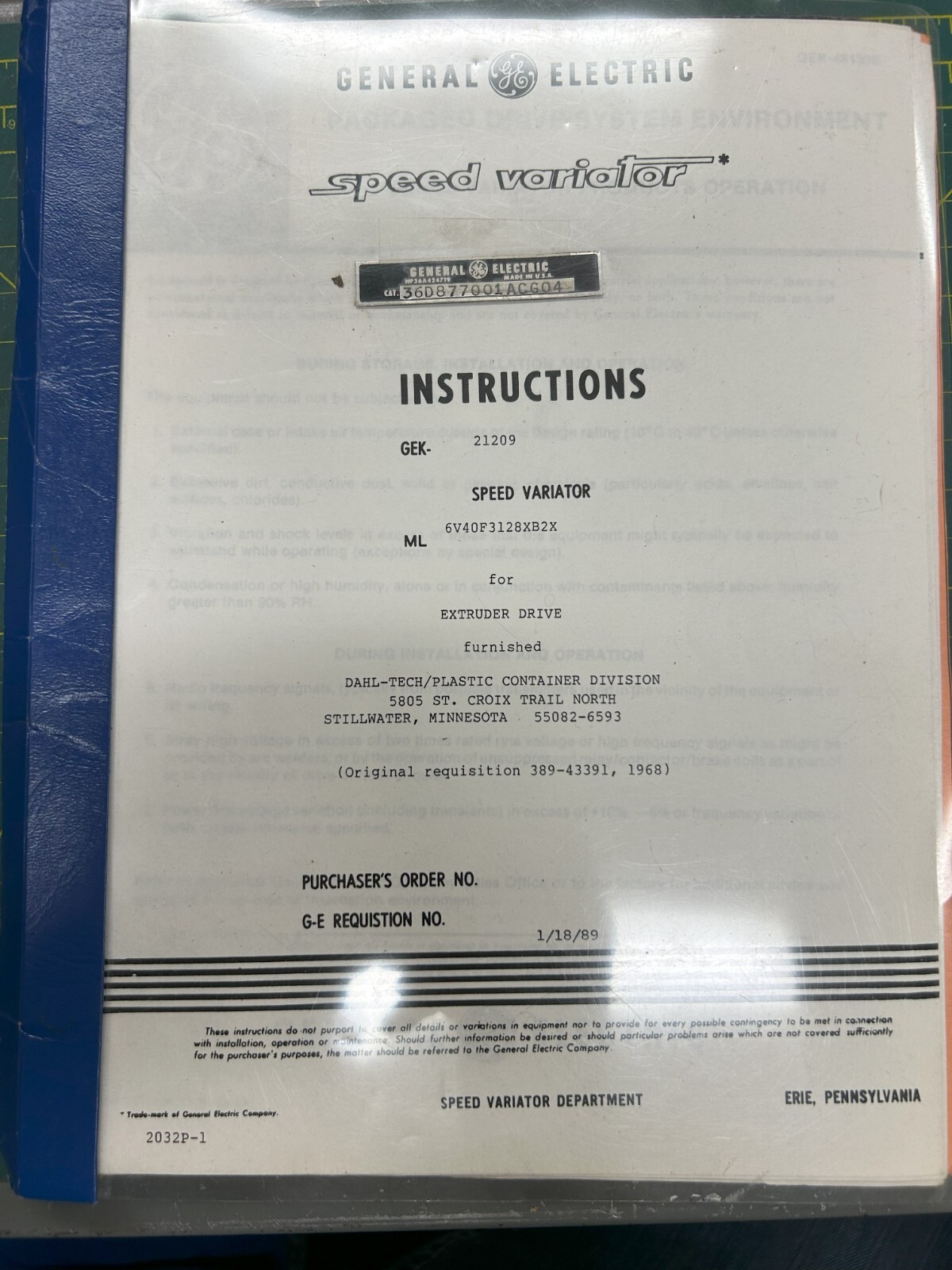General Electric Speed Variator Instruction Manual GEK 21209 *FREE SHIPPING*