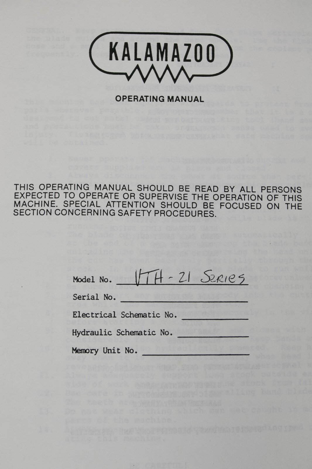 Kalamazoo Clausing VTH-21 Tilt Band Saw Operations, Program & Maintenance Manual