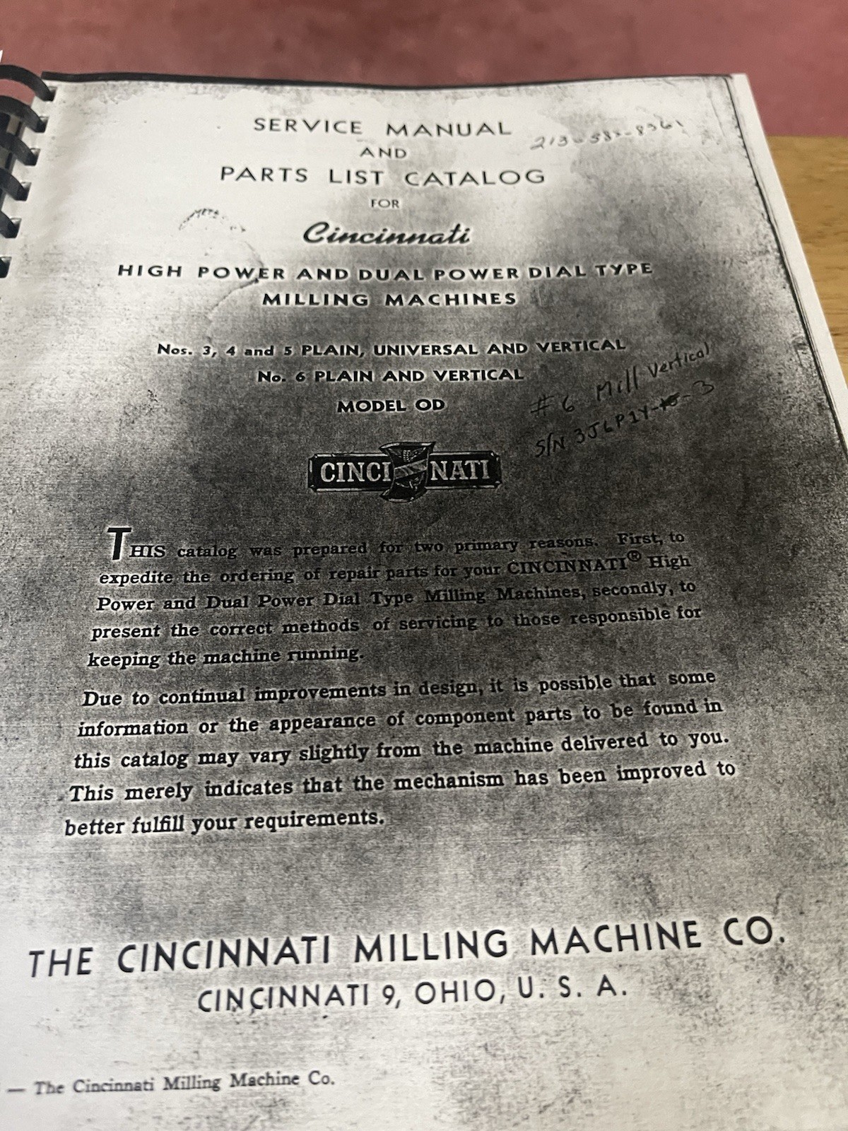 Cincinnati Service Manual and Parts List Catalog Milling Machine High Power/Dual