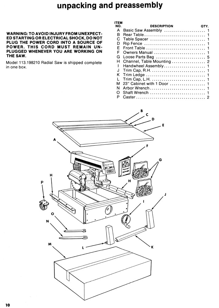 CRAFTSMAN 113.198210 Electronic Radial Arm Saw Instructions & Parts Manual 1412