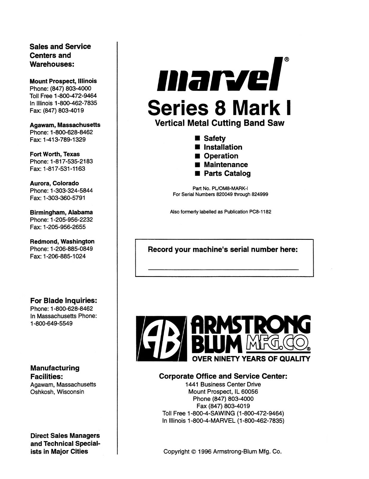 Marvel Series 8 Mark I Band Saw Op, Maint, & Parts Manual #158