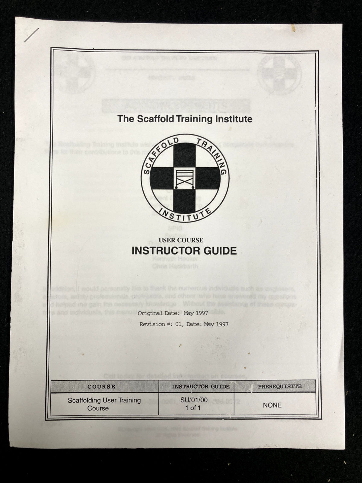 SCAFFOLD TRAINING INSTITUTE SCAFFOLD USER COURSE & INSTRUCTOR GUIDE, 2000