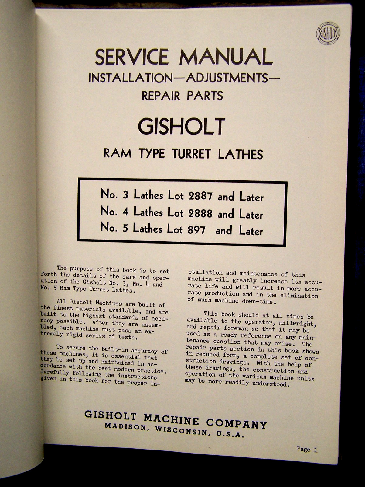 PRE 1963~GISHOLT #3, 4, 5 RAM TYPE TURRET LATHE~SERVICE MANUAL~MADISON, WIS