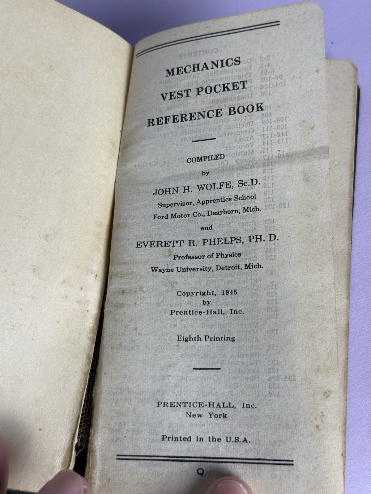 Vintage Mechanics Vest Pocket Reference Book, Wolfe & Phelps, Copyright 1945