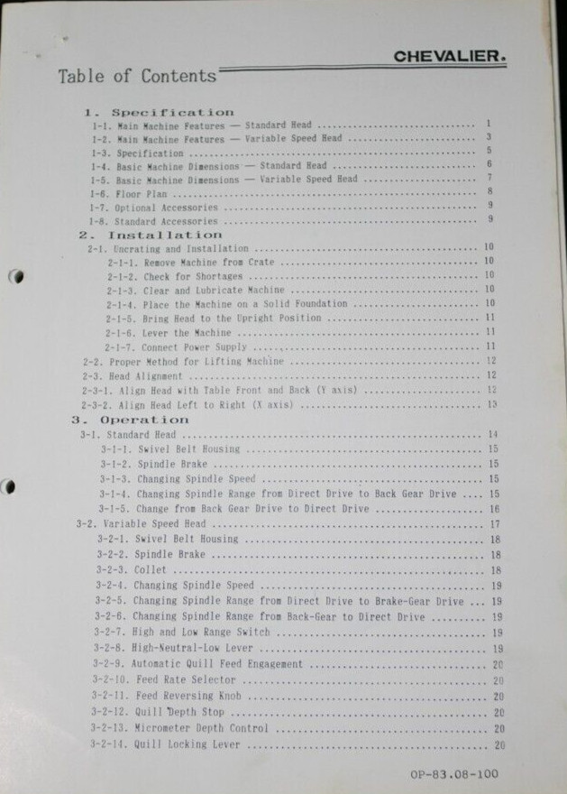 Chevalier Falcon FM-3VK FM-2SK Mill Milling Machine Operations & Parts Manual