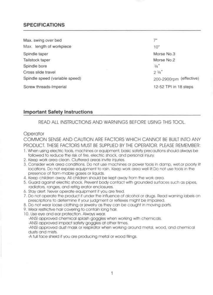 7×10″ Model Variable Speed MINI-LATHE Operator & Maintenance Manual Fits Enco