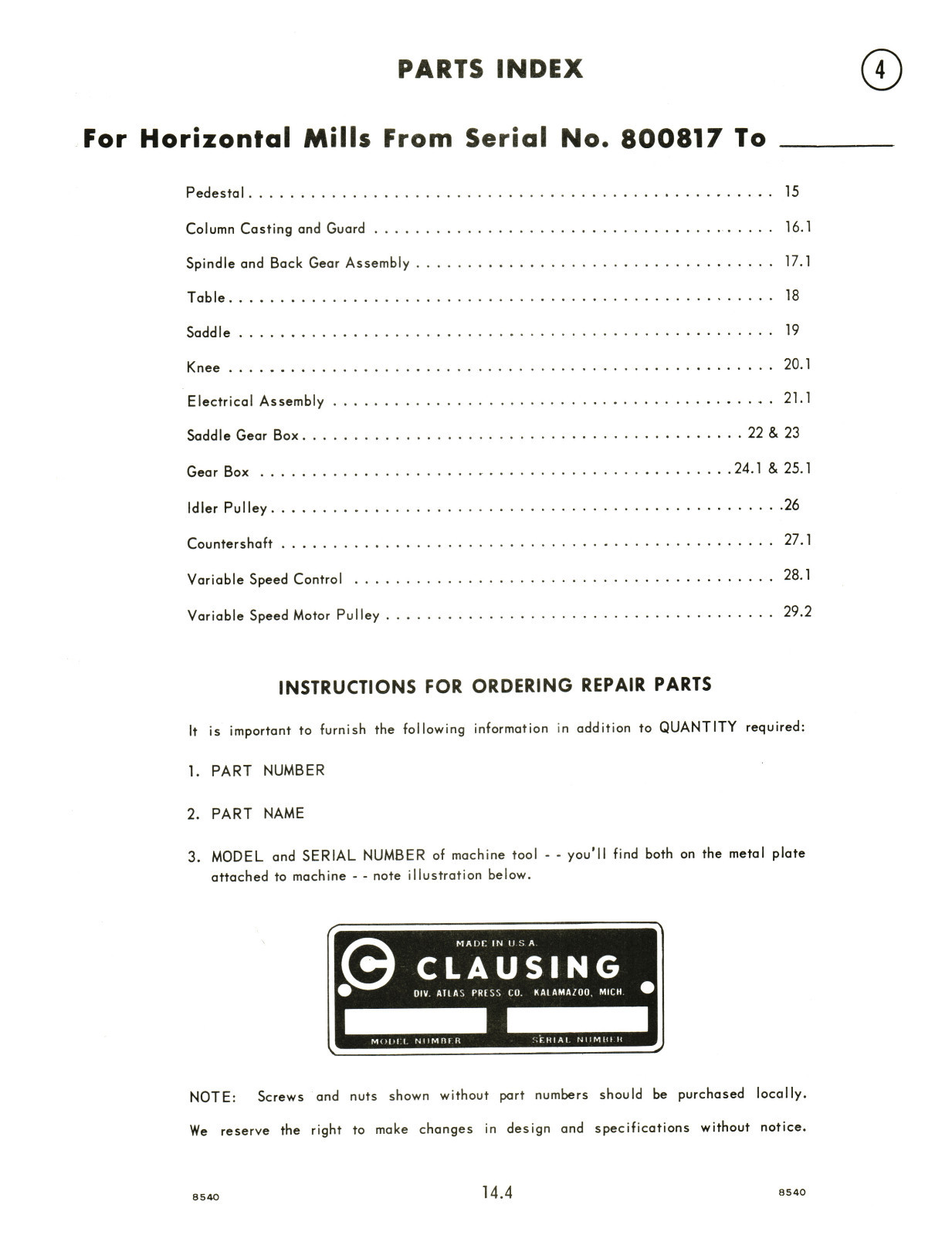 Clausing 8540, 8541, 8550, & 8551 Milling Machine Op & Parts List Manual #1365