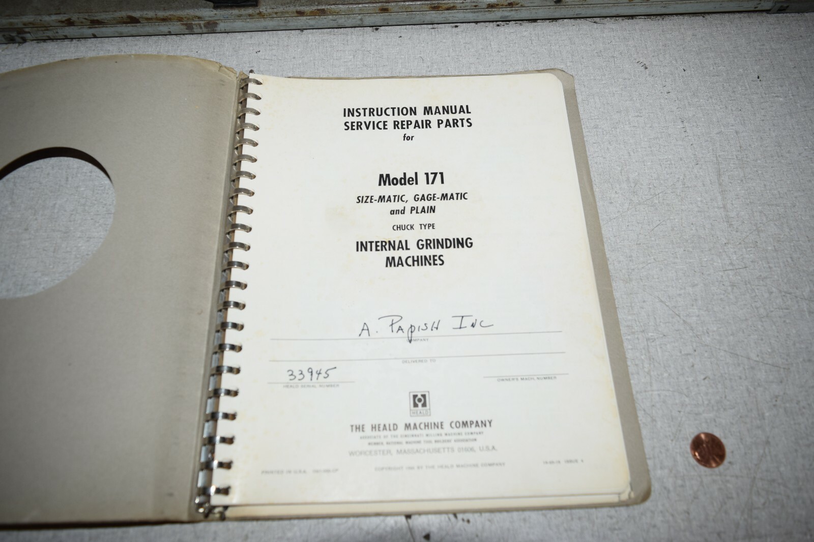 Heald Model 171 Internal Grinding Machines Instruction Repair Parts Manual